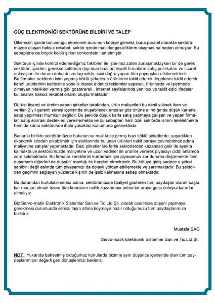SERVO-MATİK SEKTÖREL DUYURU
