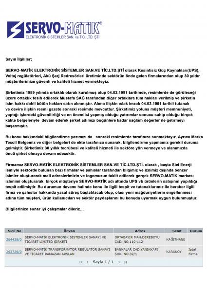 SERVO-MATİK DUYURU